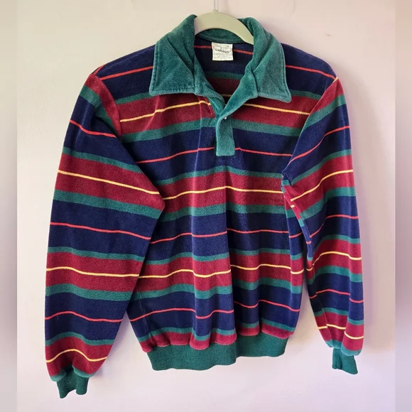Vintage 70s Campus Velour Striped Polo Shirt - Men’s Large - Retro Mod - Picture 1 of 6